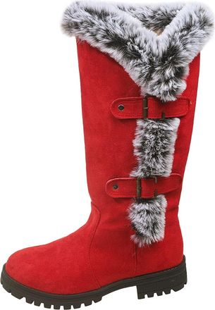 Generic Womens Thick Plush Mid-Calf Snow Boots, Round Top Warm Faux Suede Boots with Buckle, Fur Trim Slip On Walking Shoes for Winter (Red,8.5)