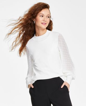 CeCe by Cynthia Steffe Womens Clip Dot Sleeve Sweater White Size Medium