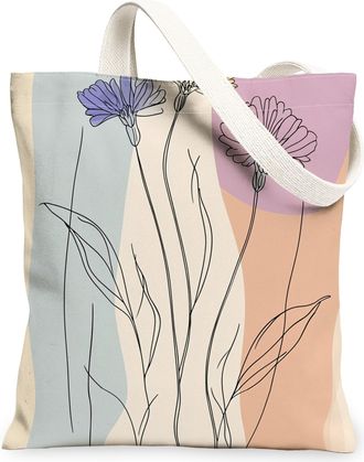 Generic Spring Cornflower Flower Canvas Tote Bag for Shopping 13x15, Retro Mid Century Florals Reusable Grocery Print Pattern Bag for Women, Fun Funky Beach A