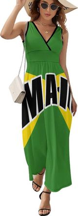 Generic Jamaica Jamaican Flag Womens V Neck Maxi Dresses Sleeveless Long Dress High Waist Casual Ankle Length Sundress M