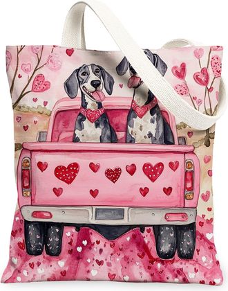 Generic Valentines Day Maltese Dog Canvas Tote Bag for Shopping 13x15, Fun Truck Puppy Reusable Grocery Print Bag for Women, Couple Beach Aesthetic Painting G