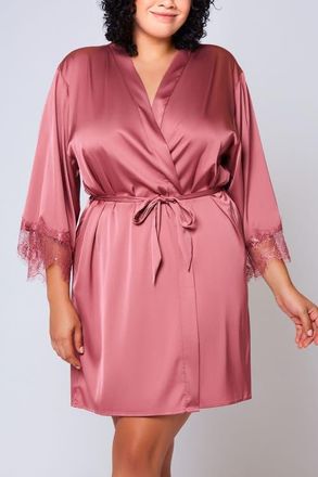 iCollection Stretch Satin Lace-Trim Robe in Wine at Nordstrom, Size 1X