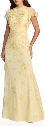 Mac Duggal Floral Embellished High Neck Flutter Sleeve Gown in Butter at Nordstrom, Size 12