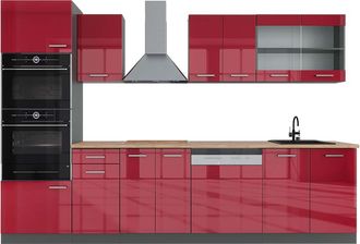Vicco Mueble De Cocina R-line, Burdeos Brillo Intenso/antracita, 300 Cm Con Armario Alto, Et Roble