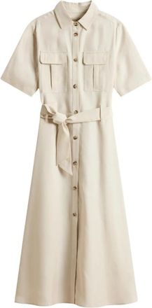 Woolrich Lange Tencel Overhemdjurk met Riem - Dames - Shirt Kleedjes - Beige - M - Kleedjes