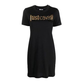 Just Cavalli Korte Mouw Zwarte Katoenen Jersey Jurk - Dames - Korte kleedjes - Zwart - XS - Katoen - Kleedjes