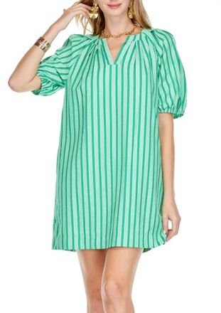 Jade Yoga Pleated Sleeve Dress In Green Stripe