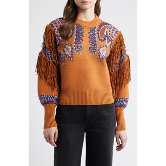 Farm Rio Arabesque Scarf Fringe Knit Sweater in Brown at Nordstrom Rack, Size Medium
