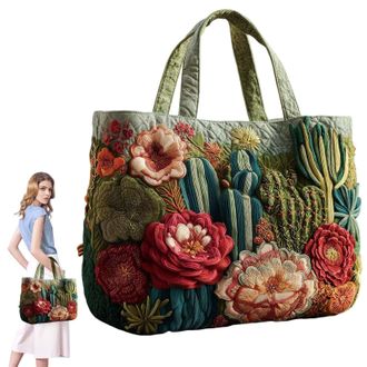 Generic Quilted Tote Bag, Embroidery Floral Animal Patchwork Bags, Boho Tote Bags for Women, Large Capacity Canvas Totes, Suitable for Office, Shopping, Appoi