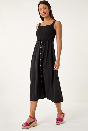 Roman Shirred Button Detail Midi Dress