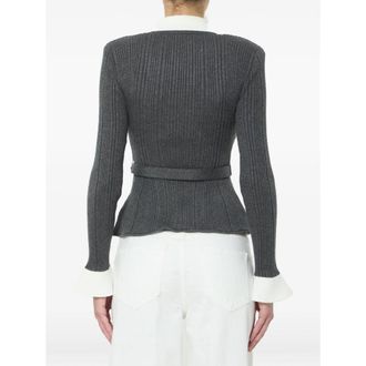 Self Portrait Ribbed Knit with Contrasting Collar Cardigan - Gray
