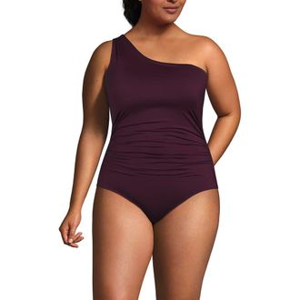 Lands End Plus Size Shirred One Shoulder One Piece Swimsuit in Dark Wine at Nordstrom, Size 24W