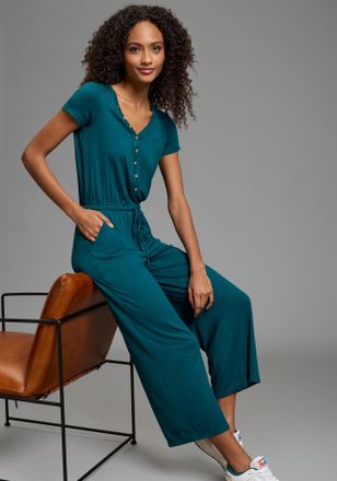 Kangaroos Culotte-Overall KANGAROOS, Damen, Gr. 34, N-Gr, petrol, Jersey, Obermaterial: 95% Viskose, 5% Elasthan, figurumspielend wadenlang, V-Ausschnitt, abges