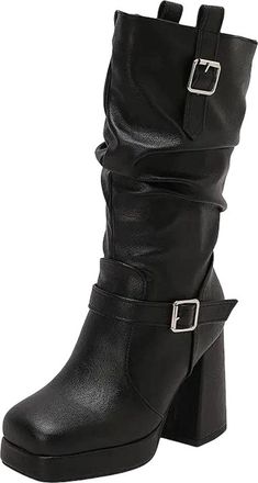 Generic Womens Retro Mid Calf Boots Round Toe Super High Thick Heel Platform With Easy Slip On Design Casual Tall Booties