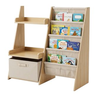 Relaxdays Relaxdays Estanter&iacute;a Infantil 3 En 1, 4 Bolsillos Para Libros, 2 Estantes Y Caja, 80&times;84,5&times;34,5 Cm, Mdf Blanco/natural