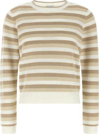 Brunello Cucinelli Katoenen Trui met Strepen - Dames - Ronde hals truien - Beige - L - Katoen - Truien & Vesten