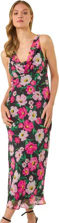 Roman Womens Floral Print Cowl Neck Midi Dress - Black - Size 12 UK