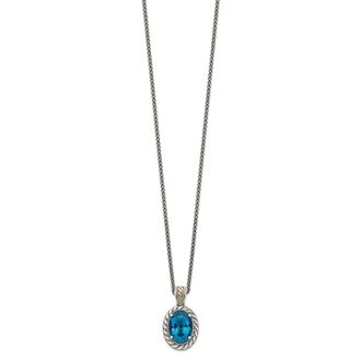 Diamond2Deal Sterling Silver with 14K Accent Oval London Blue Topaz Hinged Bail Pendant Necklace