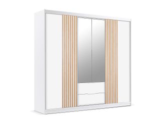 Vente-Unique Armario 4 puertas y 2 cajones - Con espejo - An.250 cm - Blanco y natural - SIDOVIA