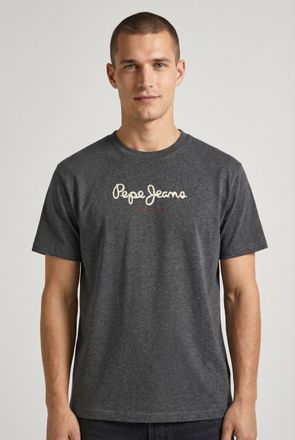 Pepe Jeans London Rundhalsshirt PEPE JEANS EGGO, Herren, Gr. XXL, schwarz marl grau, Jersey, Obermaterial: 100% Baumwolle, bedruckt, normal normal, Rundhals, Shirts Run