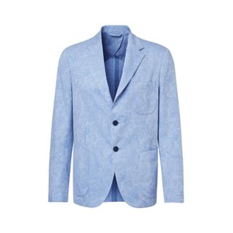 Etro Etro, Blazers, male, Blue, Size: M Single-breasted Striped Cotton Jacket with Floral Paisley Motif