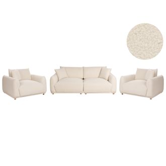 Beliani Conjunto De Sala De Estar Moderno 5 Plazas De Boucl&eacute; Con Cojines Decorativos Sof&aacute; Y Sillones Con Patas De Madera Blanco Crema Jubek