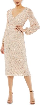 Mac Duggal Sequined Illusion Puff Sleeve V-Neck Midi Dress