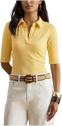 Lauren Ralph Lauren Rib-Knit Elbow-Sleeve Polo T-Shirts Womens Clothing Lemon Sorbet : LG, Elastane/Polyester