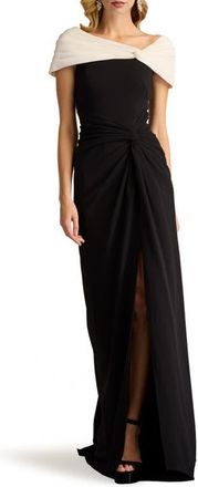 Tadashi Shoji Asymmetric Neck Sheath Gown in Black/Ivory at Nordstrom, Size Medium