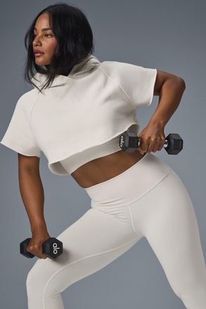 Alo | Cropped In The Air Short Sleeve Hoodie in Ivory White, Size: Large