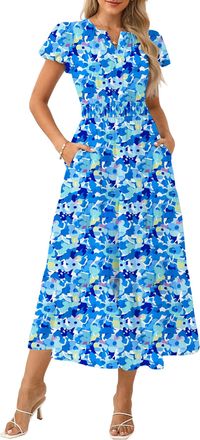 Grace Karin Women Summer Maxi Floral Dress Short Sleeve V Neck Wedding Dress Elegant Sundress Blue L