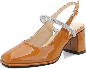 Generic Brown,6.5 UK,Slingback Pumps for Womens High Chunky Square Closed Toe Block Heels Rhinestones Dress Elegant Party Wedding Shoes