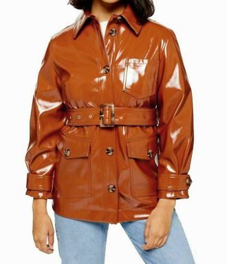 Topshop Rust Brown Patent Belted Coat Jacket High Gloss Vinyl