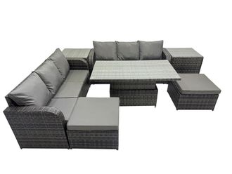 Fimous Rattan Garden Furniture Set 8-seater with 2 Side Table 2 Big Footstool in Dark Grey