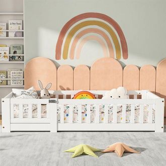 OEM Cama Infantil - Cama Baja 80x160 - Madera Maciza De Pino - Somier De Lamas Incluido - Barrera De Seguridad Blanca