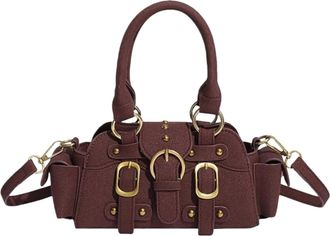 Generic Womens PU Studded Crossbody, Vintage-Inspired Top Handle Small Handbag, Fall Chic Belt Buckle Design Shoulder Purse(Red)