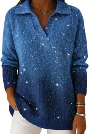 Generic Womens Long Sleeve Shiny Knit Sweater,Womens V Neck Ribbed Knit Gradient Sparkly Sweater (Blue,3XL)