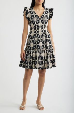 Anne Klein Ruffle V-Neck Cotton Dress in Anne Black/ivory at Nordstrom, Size X-Small