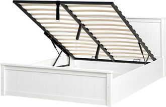 Beliani Cama Con Almacenaje De Madera De Pino Con Marco Elevable 140 X 200 Cm Blanco Lambres