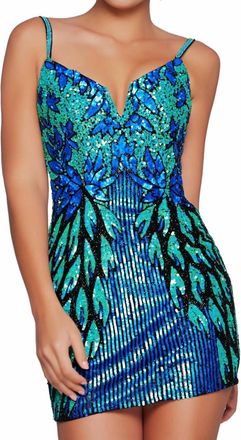 Jovani Embellished Fitted V-Neck Cocktail Dress In Black/green/multi