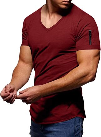Generic Extra Long T Shirts for Men Mens Summer Fashion Casual Solid Color Zipper Pocket T Shirt Short Sleeve Shirt Top Blouse Mens Breathable Running Sport G
