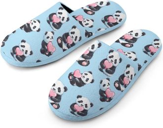 Generic Cute Pandas Holding Heart Mens Flannel Slipper Soft Non Slip House Shoes Comfy Winter Warm Indoor Outdoor Slippers