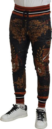 Dolce & Gabbana Mens Gray Silk Baroque Crown Trousers Sport Pants