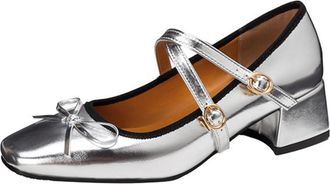 Generic Womens Square Toe PU Leather Mary Janes Low Block Heel Dress Pumps Cross Strap Party Prom Shoes with Buckle,Silver,6.5 UK