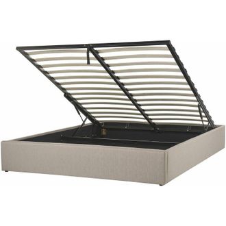 Beliani Letto matrimoniale con contenitore Imbottito Beige Effetto Lino con Box Portaoggetti 160 x 200 cm Dinan
