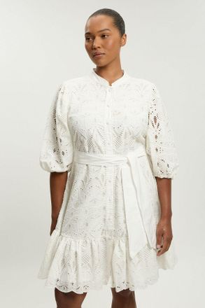 Karen Millen Womens Plus Size Scalloped Hem Broderie Mini Shirt Dress - White Cotton - Size 20 UK