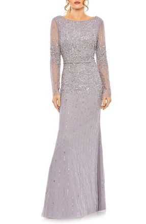 Mac Duggal High Neck Sequin Embellished Long Sleeve A Line Gown in Vintage Lilac at Nordstrom, Size 10