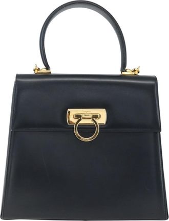 Ferragamo Gancini Convertible Top Handle Bag Leather Navy Leather Handbag (Pre-Owned)