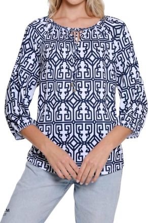 Multiples Print Peasant Top In Navy