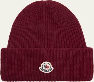 Moncler Mens Cashmere and Wool Rib Logo Beanie Hat